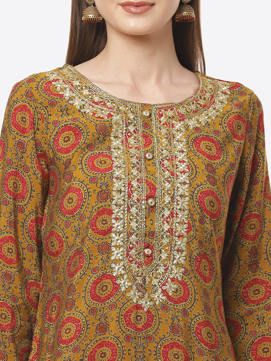 Printed Neck Embroidered Cotton Kurti