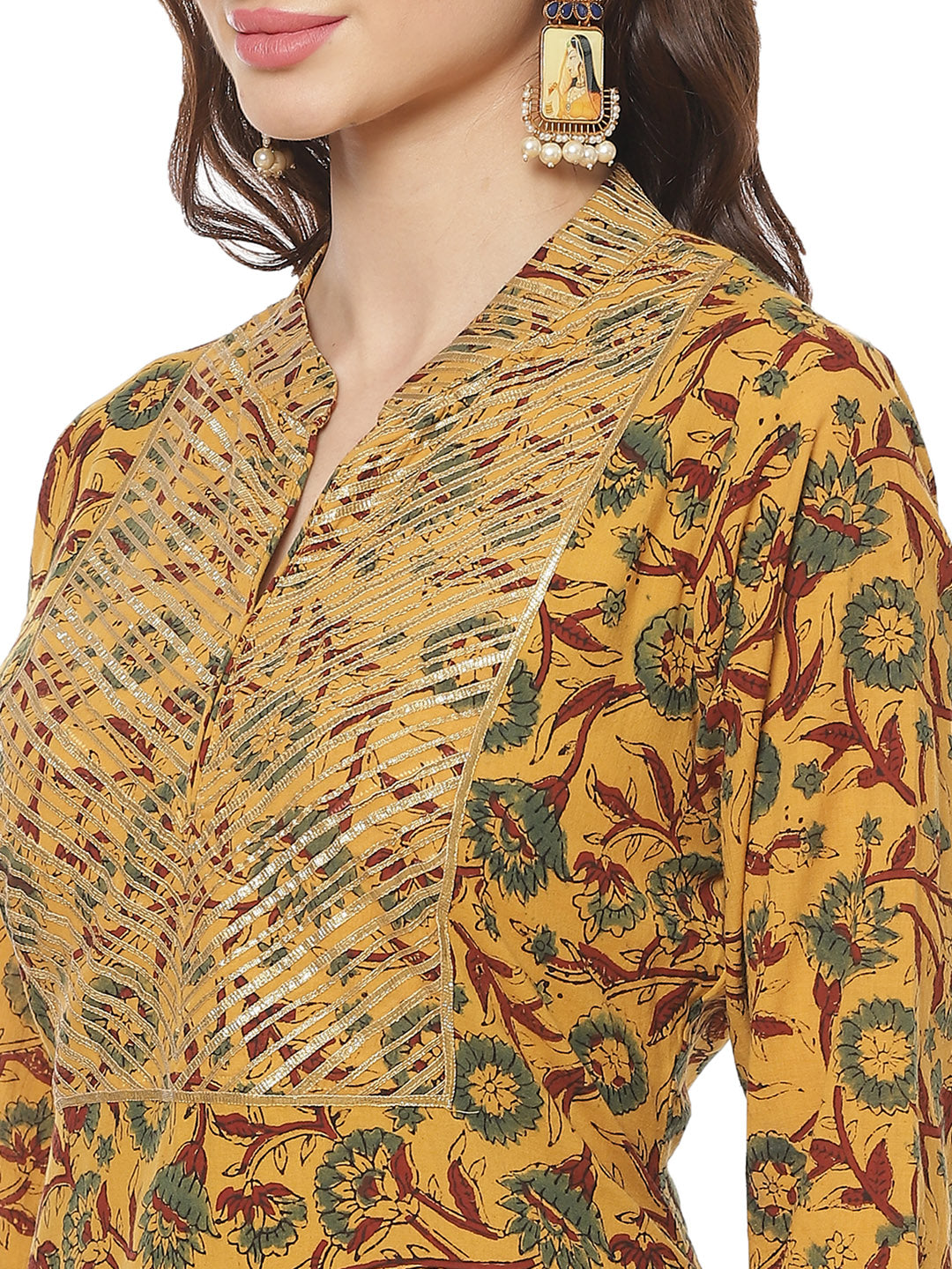 Printed Gota Neck Work Cotton Kurti With Palazzo