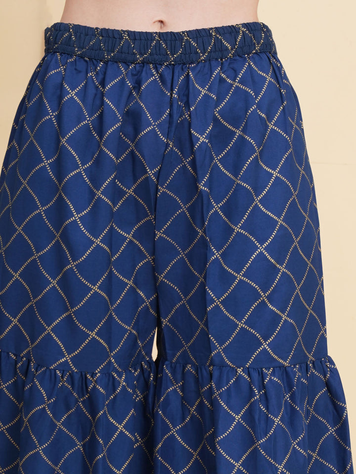Printed Cotton Blend Blue Suit With Pant &amp; Dupatta