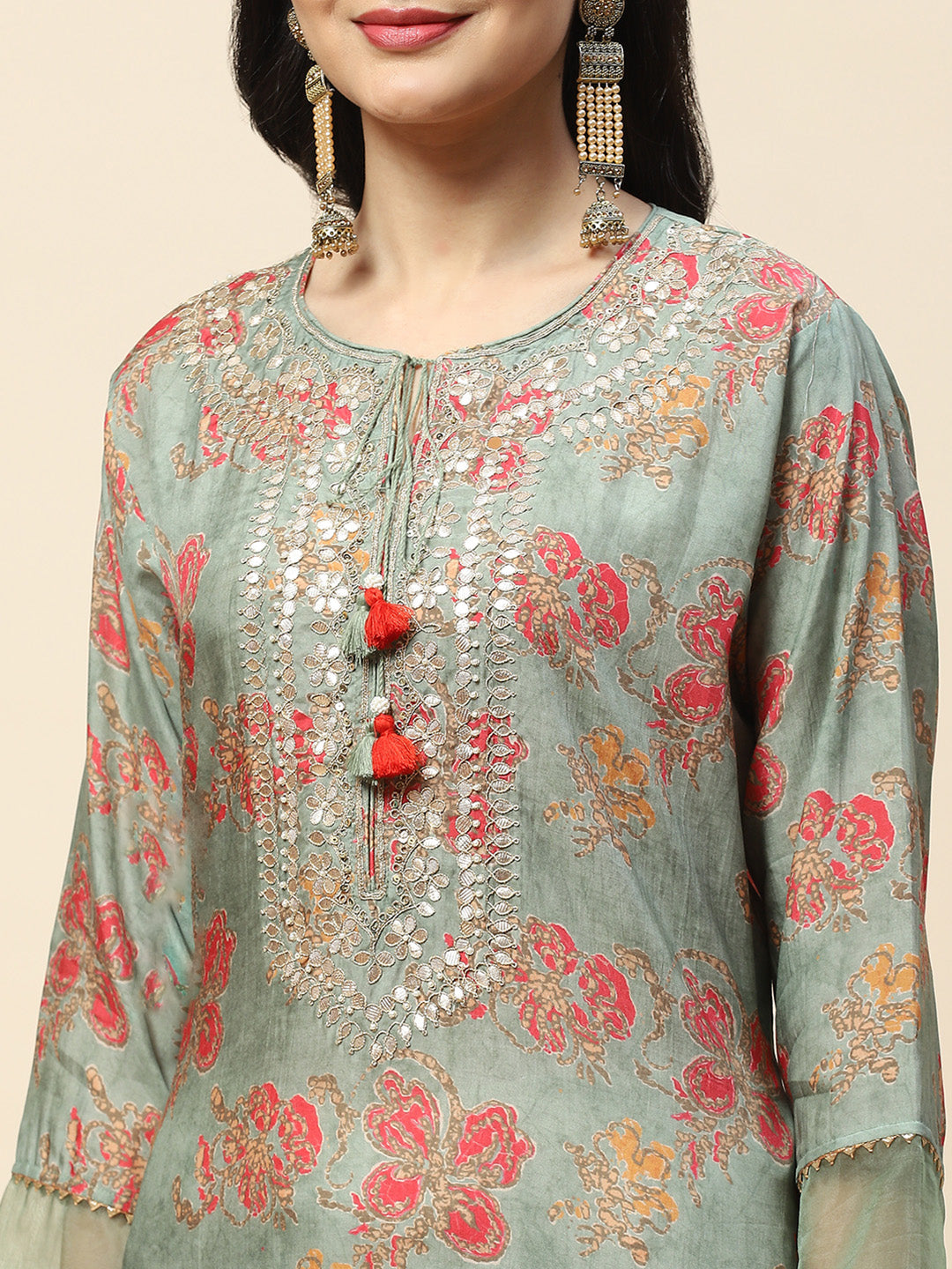 Printed With Yoke Embroidered Muslin Kurta