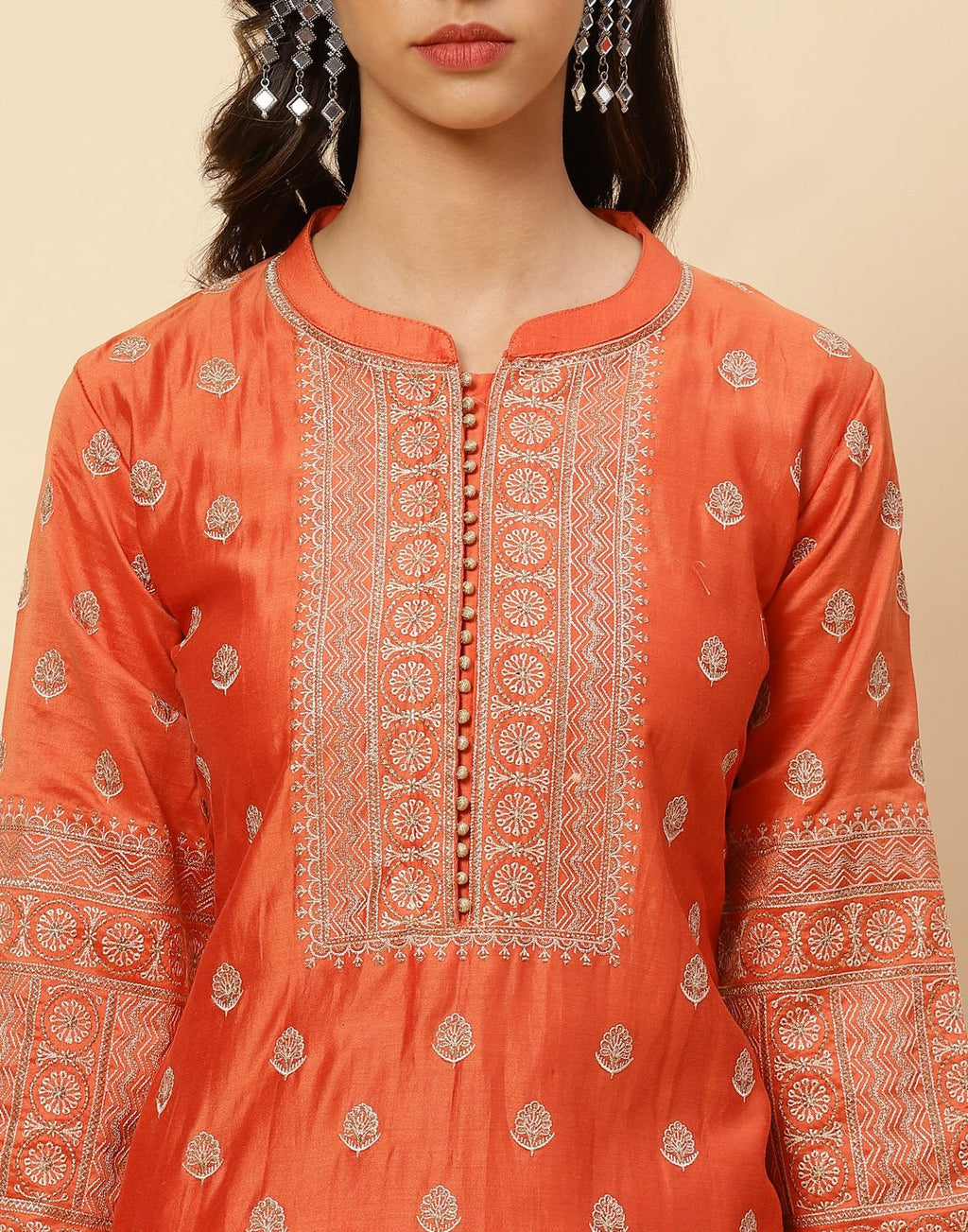 Embroidered Cotton Chanderi Salwar Kameez Stitched Suit With Chiffon Dupatta