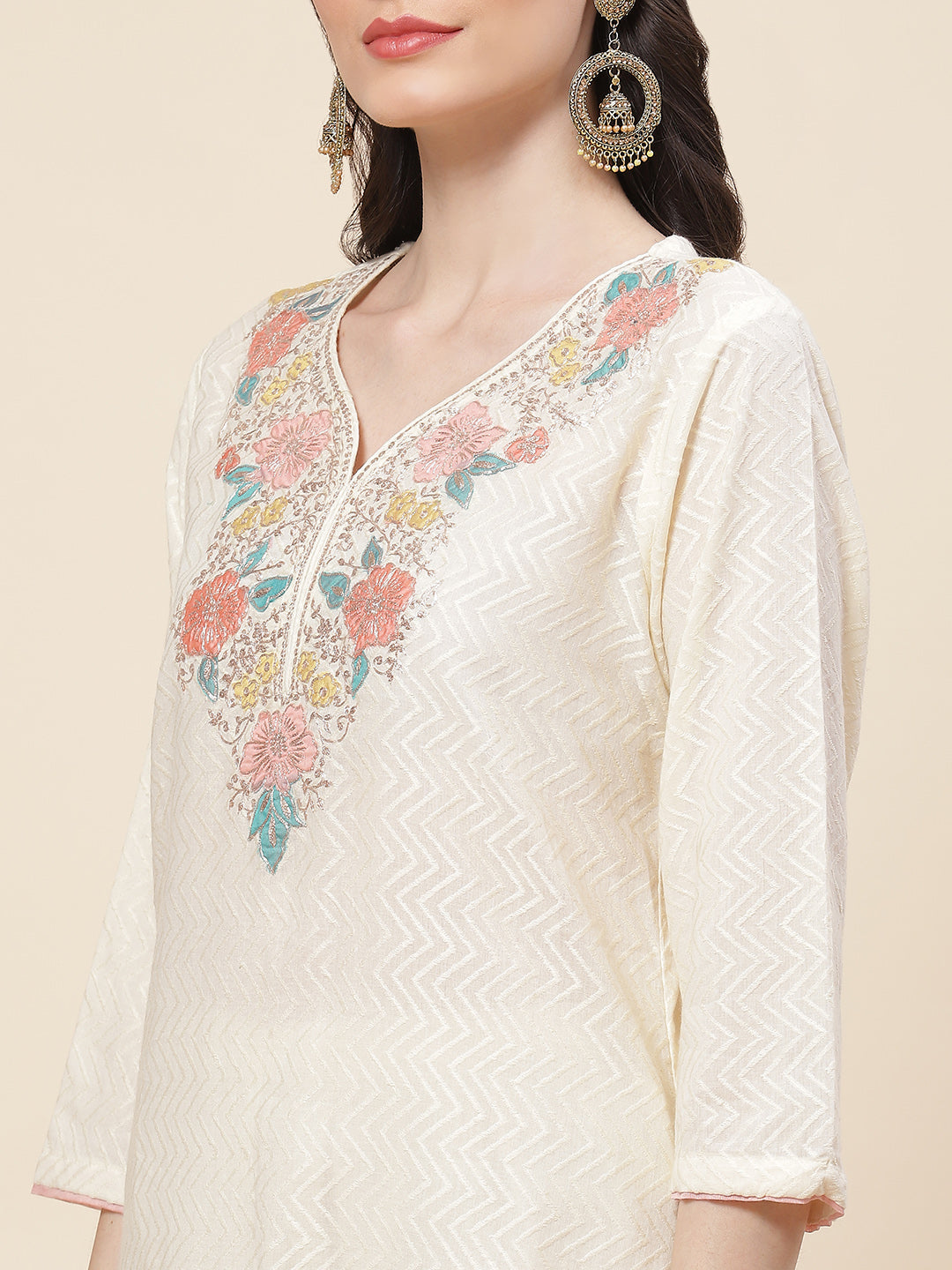 Neck Embroidered Cotton Kurta With Pants &amp; Dupatta