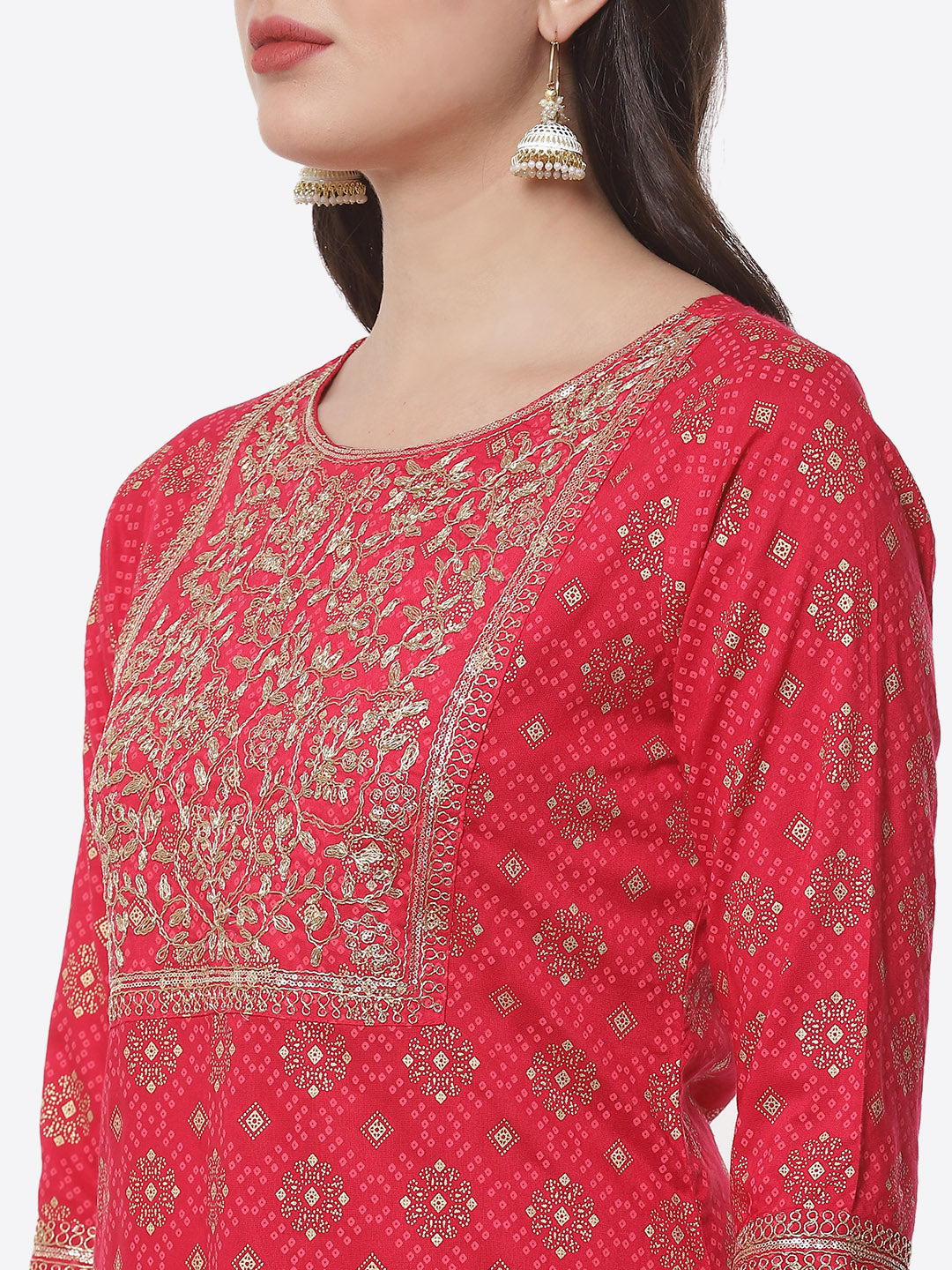 Zari Work Cotton Muslin Kurti Printed Pant And Dupatta