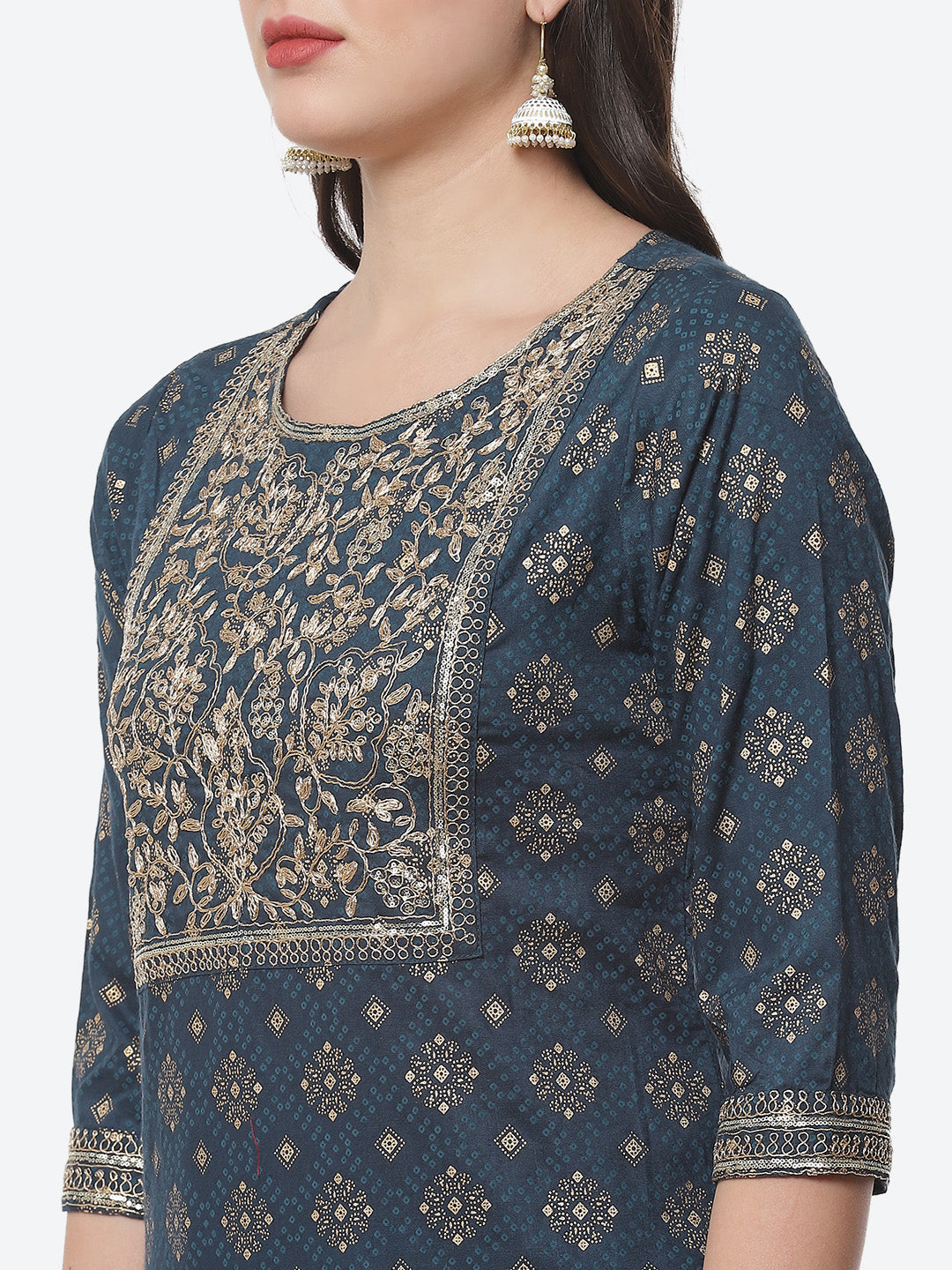 Zari Work Cotton Muslin Kurti Printed Pant And Dupatta