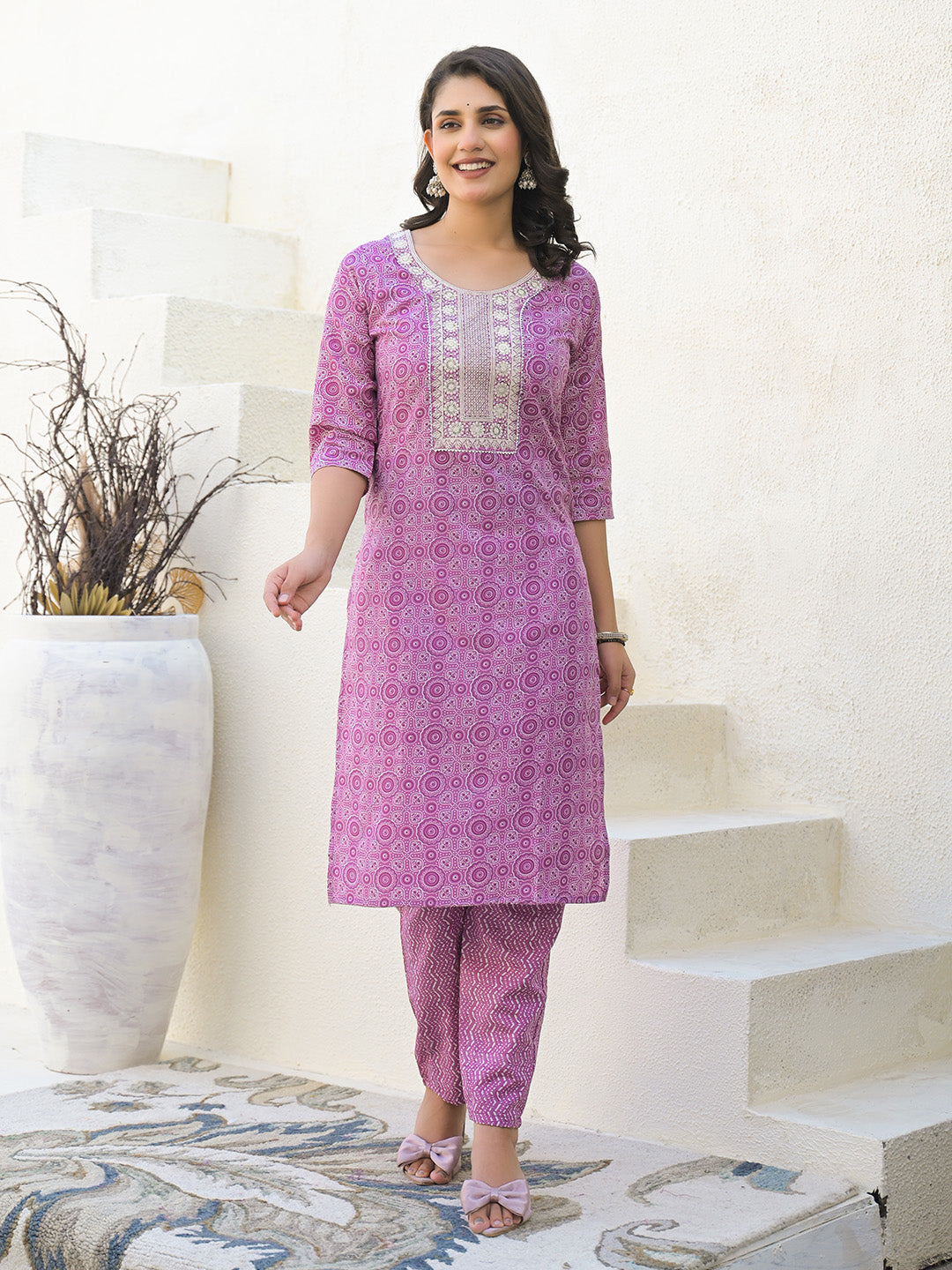 Floral Printed Cotton Kurta With Pants &amp; Dupatta