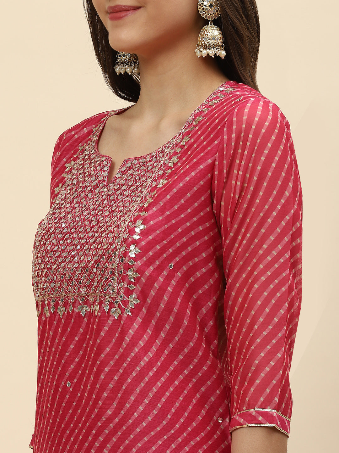 Mirror Embroidered &amp; Lehriya Chanderi Kurta With Pants