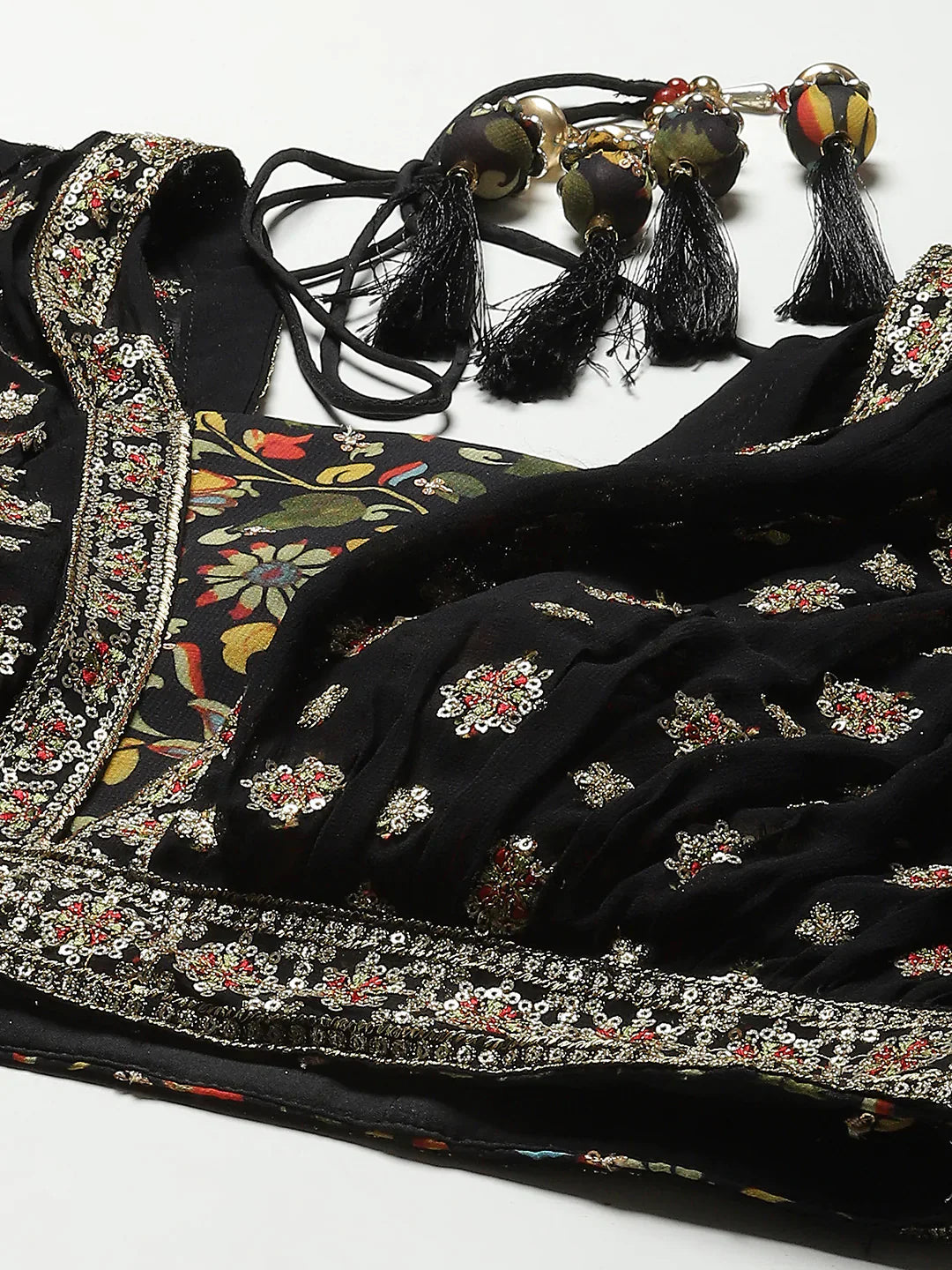 Sequin Embroidered Georgette Choli With Lehenga &amp; Dupatta