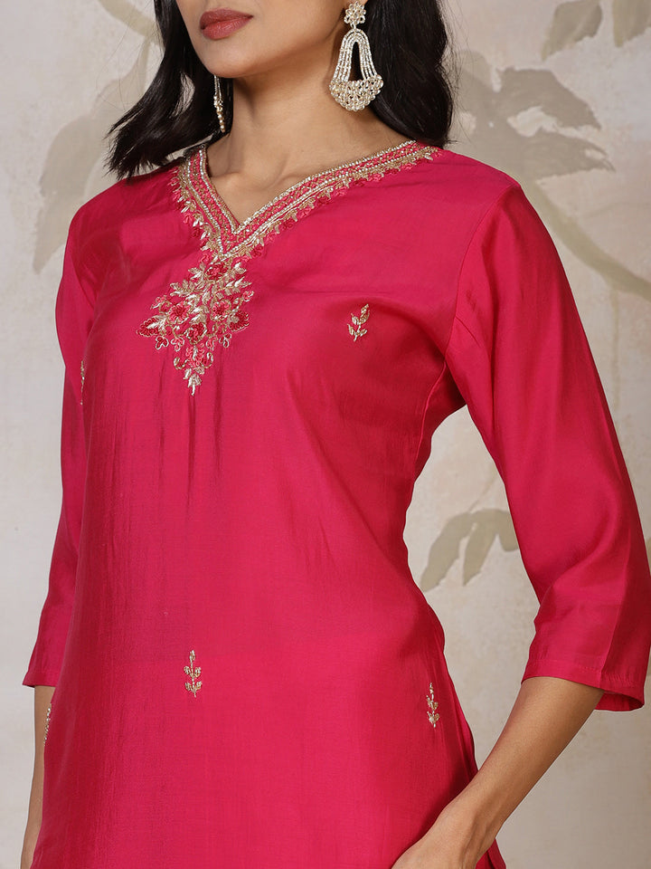 Embroidered Cotton Blend Kurta With Pants &amp; Dupatta