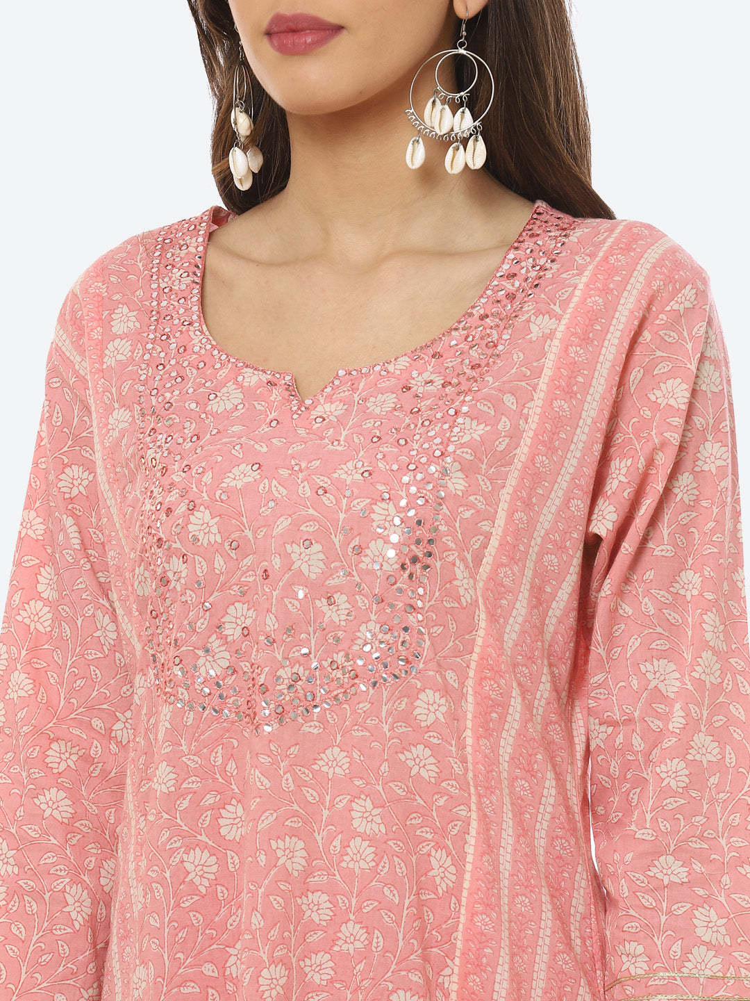 Mirror Work Printed Cotton Kurta With Pant