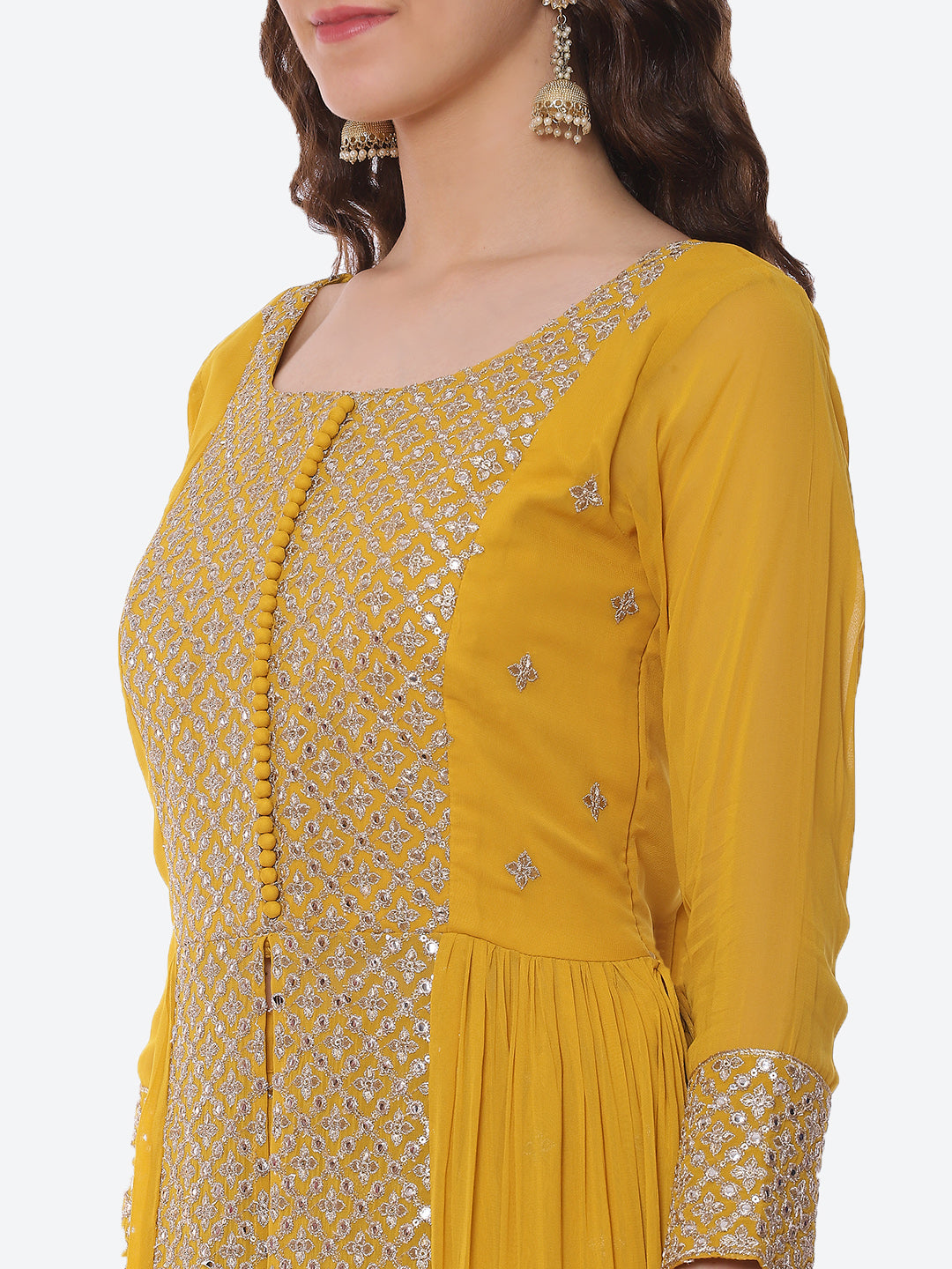 Zari Booti Neck Embroidered Georgette Kurta With Palazzo &amp; Dupatta