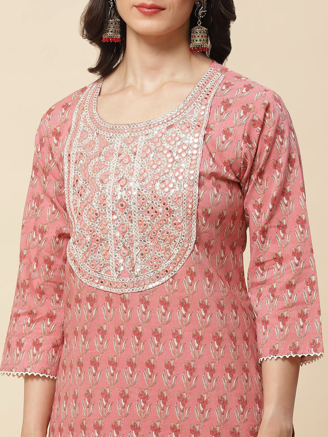 Printed  &amp; Neck Embroidered Cotton Kurta With Pants