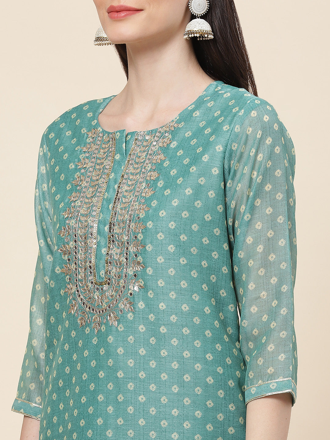 Printed &amp; Neck Embroidered Chanderi Kurta With Pants