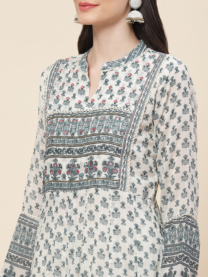 Floral Printed Cotton Kurta With Pants &amp; Dupatta