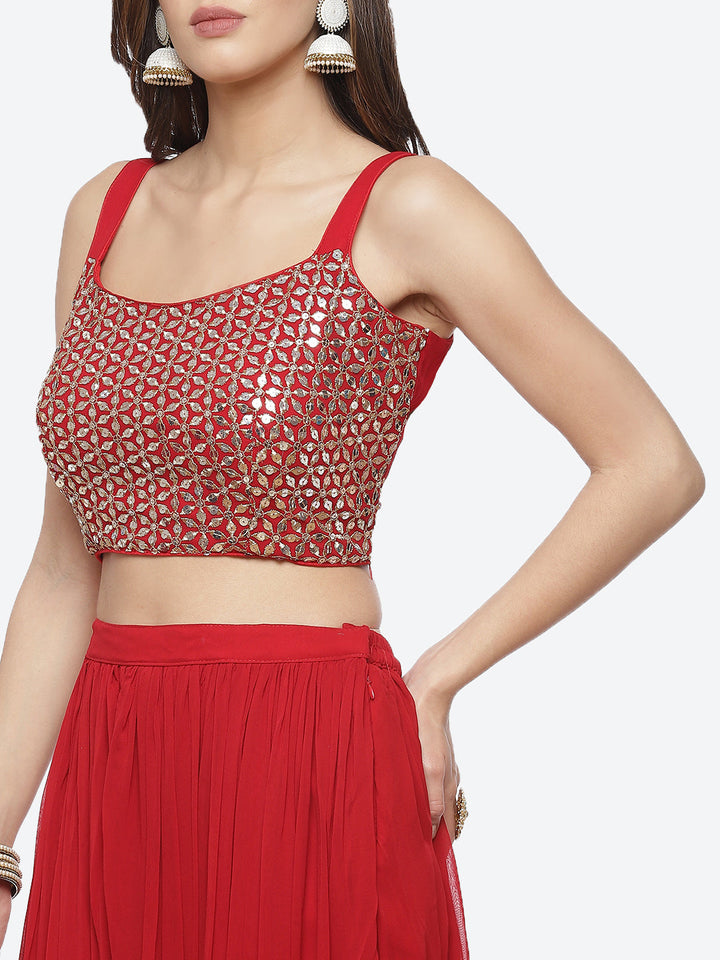 Mirror Work Georgette Crop Top With Palazzo &amp; Jacket