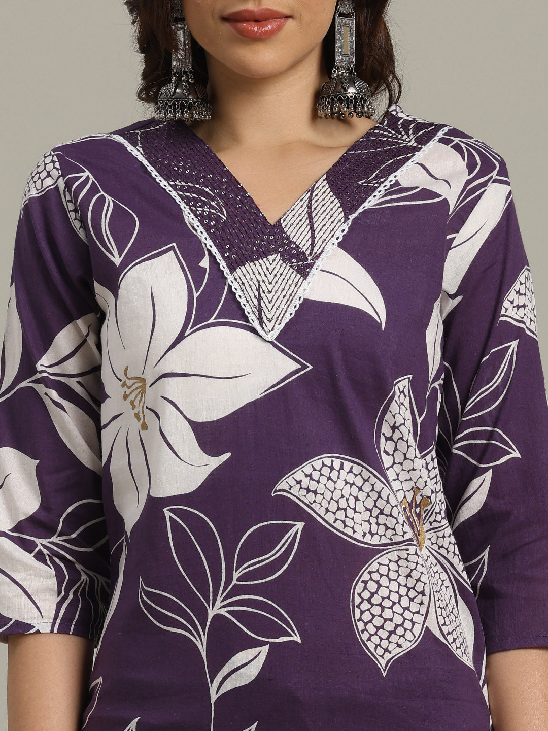 Floral Printed Cotton Blend Kurta With Pants &amp; Dupatta