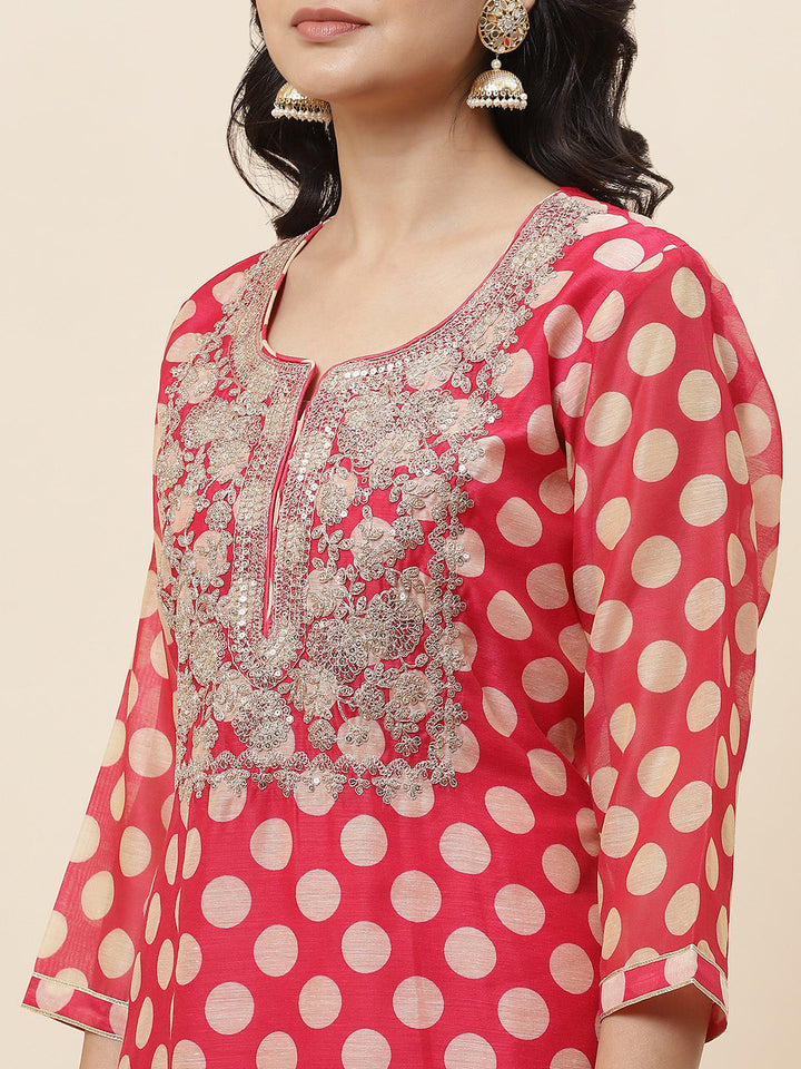 Polka Dot Printed Chanderi Kurta With Pants &amp; Dupatta