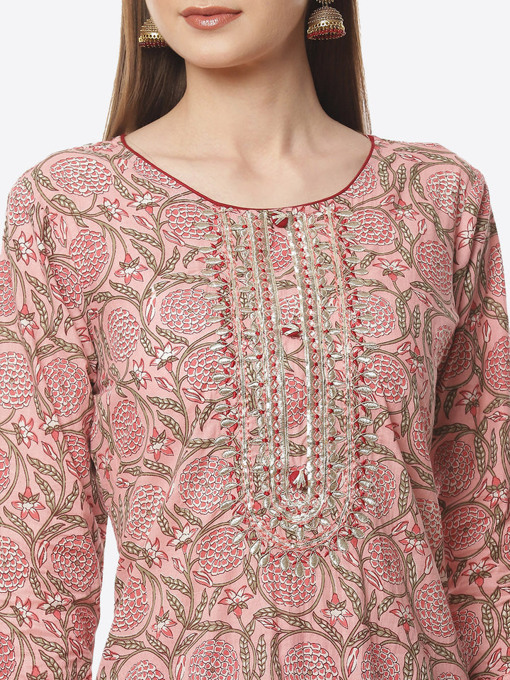 Printed Neck Embroidered Cotton Kurti