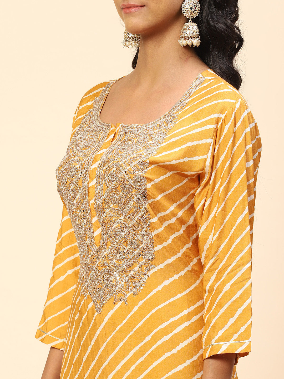 Neck Embroidered Leheriya Printed Cotton Kurta With Pants
