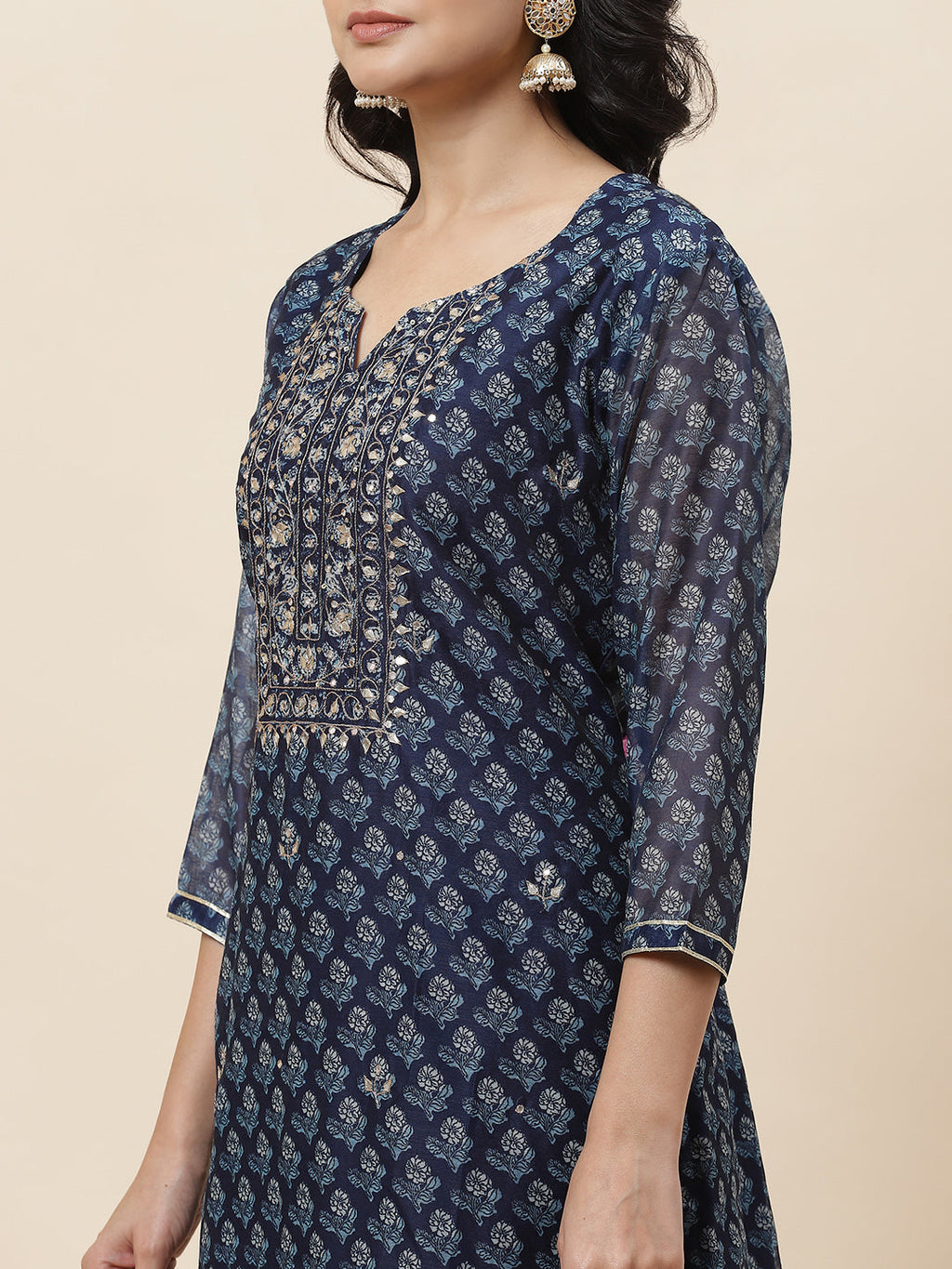 Floral Printed Chanderi Kurta With Pants & Dupatta