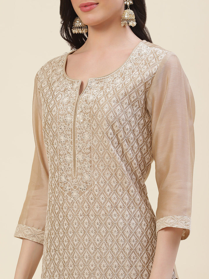 Embroidered Chanderi Cotton Kurta With Pants