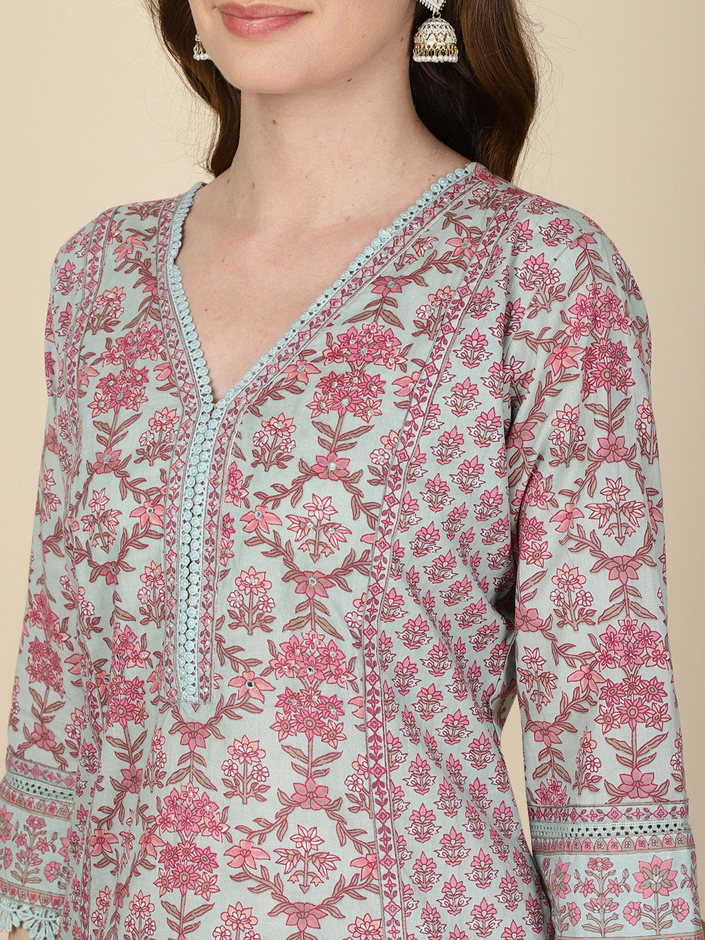 Floral Printed Cotton Kurta With Pants & Dupatta