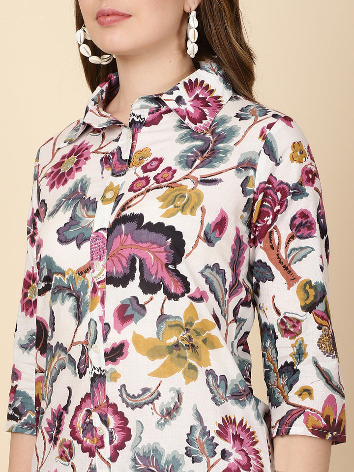 Floral Printed Cotton Kurti With Pants