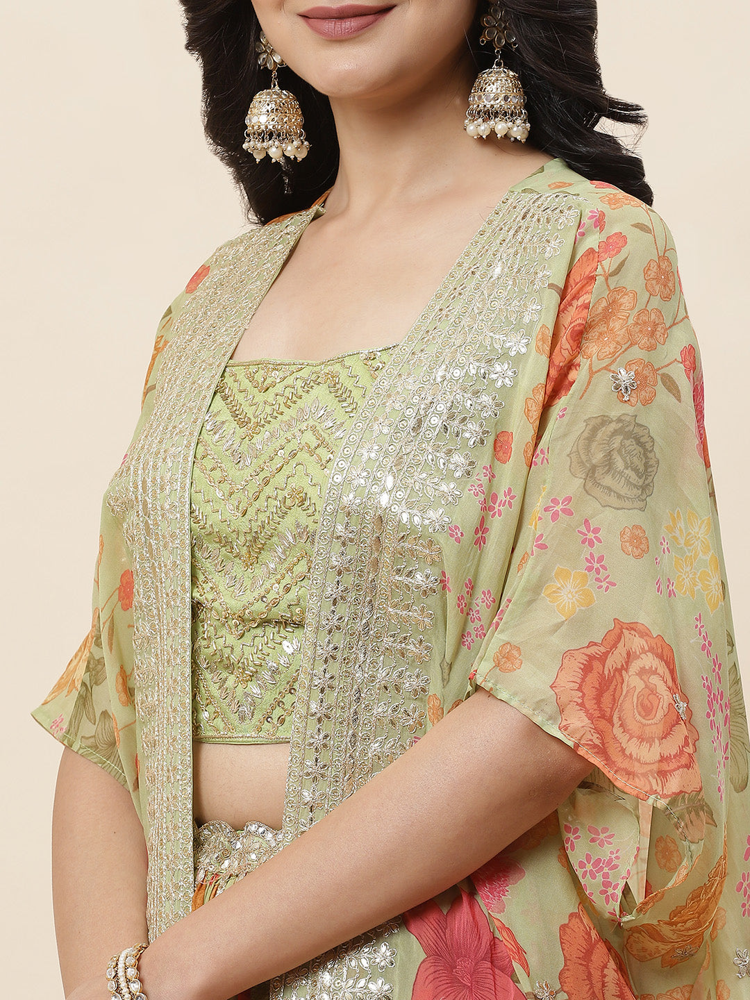 Floral Printed Organza Choli With Lehenga &amp; Cape