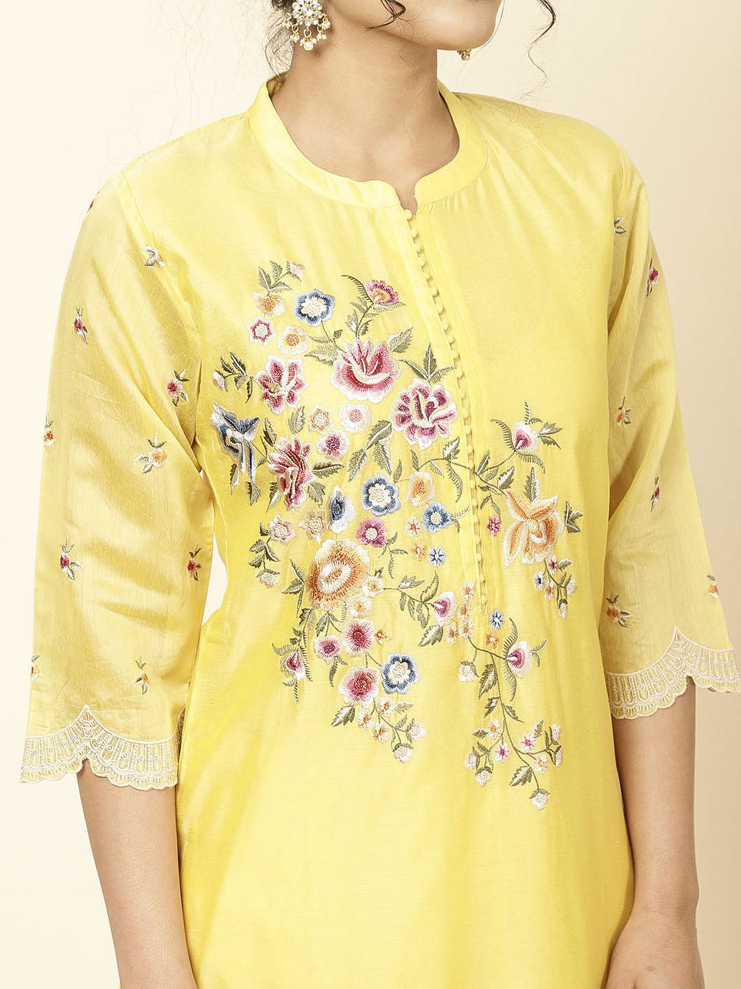 Floral Embroidered Chanderi Kurta With Pants &amp; Dupatta