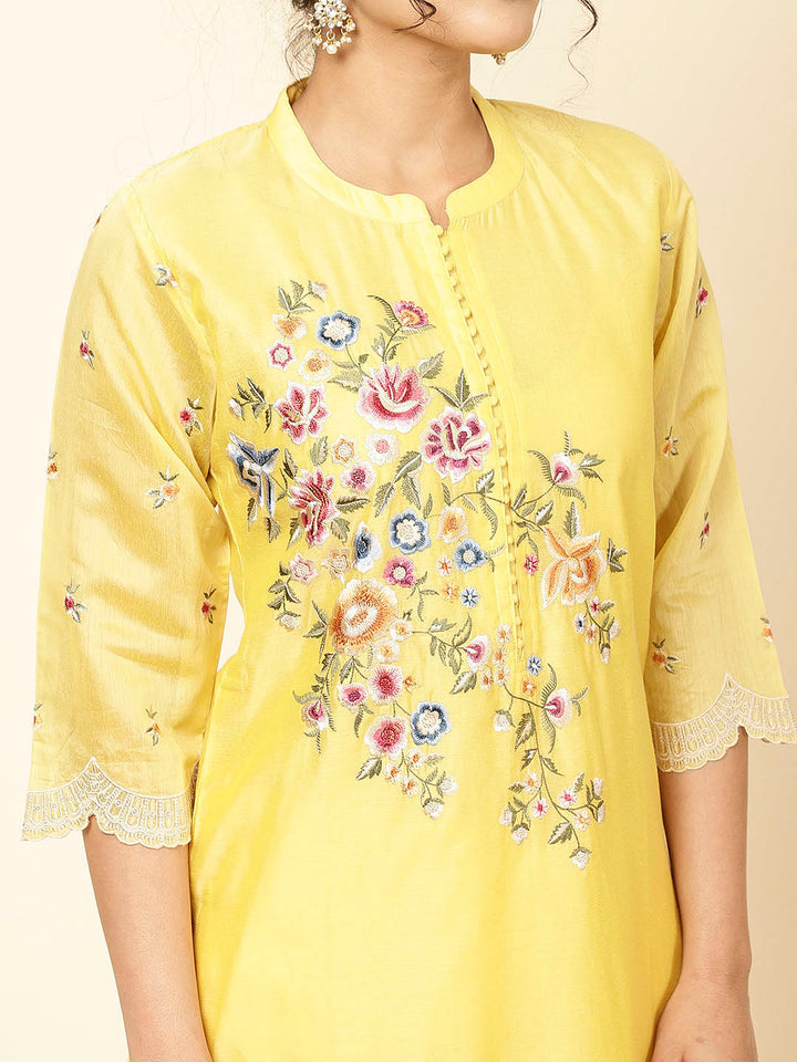 Floral Embroidered Chanderi Kurta With Pants &amp; Dupatta