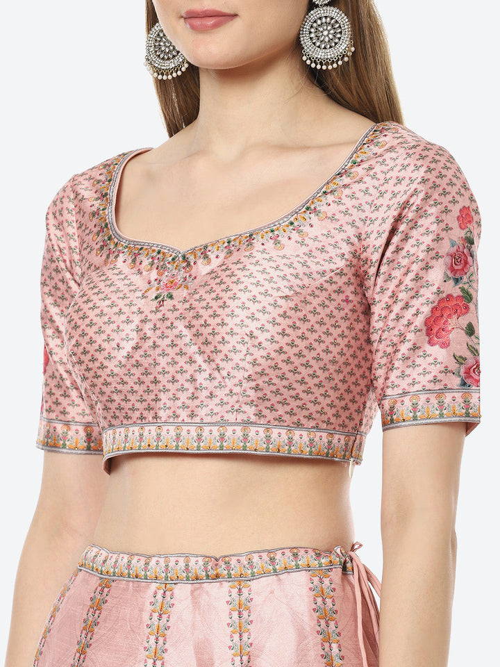 Floral Digital Printed Art Tussar Silk Choli With Lehenga &amp; Net Dupatta
