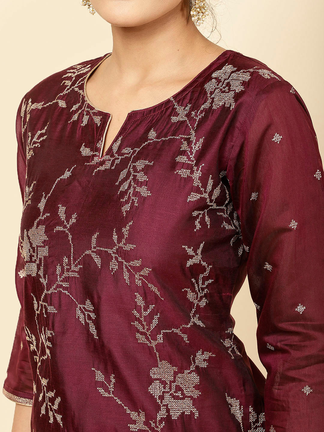 Embroidered Cotton Kurta With Pants &amp; Dupatta