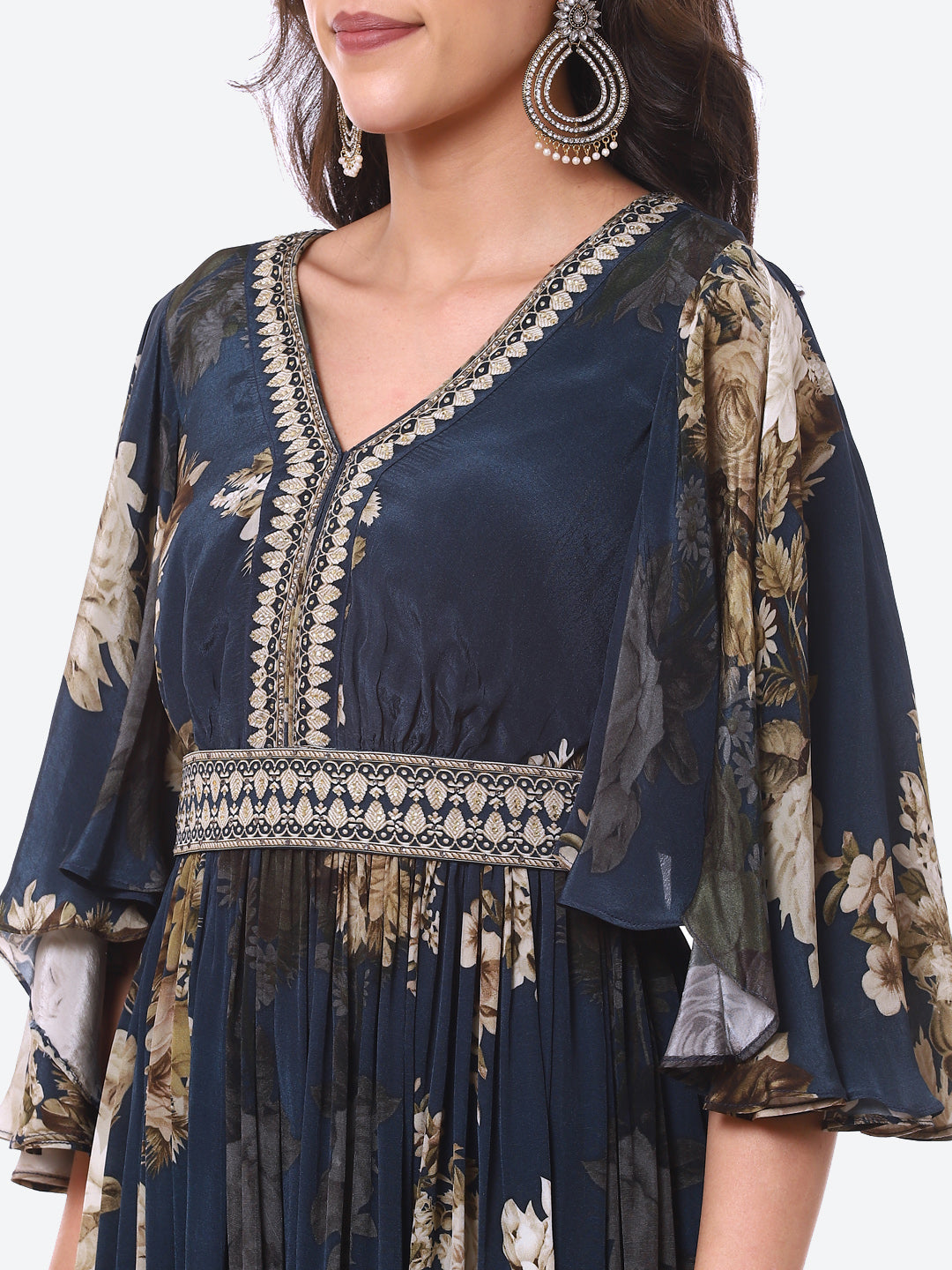 Floral Digital Printed Crepe A-Line Gown Dress