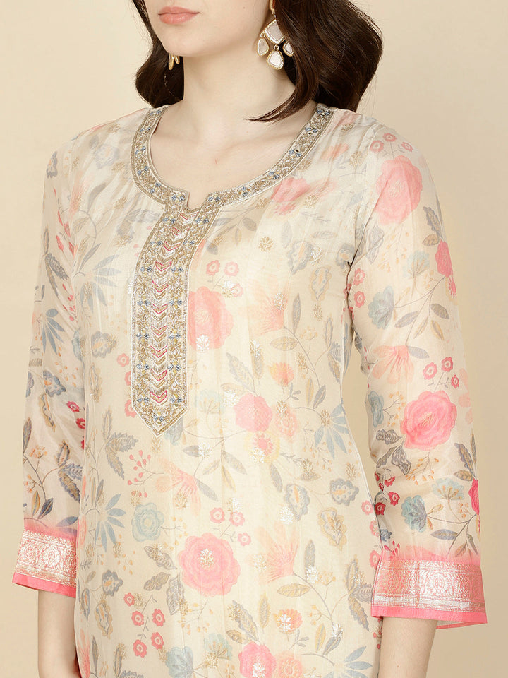 Floral Printed &amp; Woven Organza Kurta With Pants &amp; Dupatta