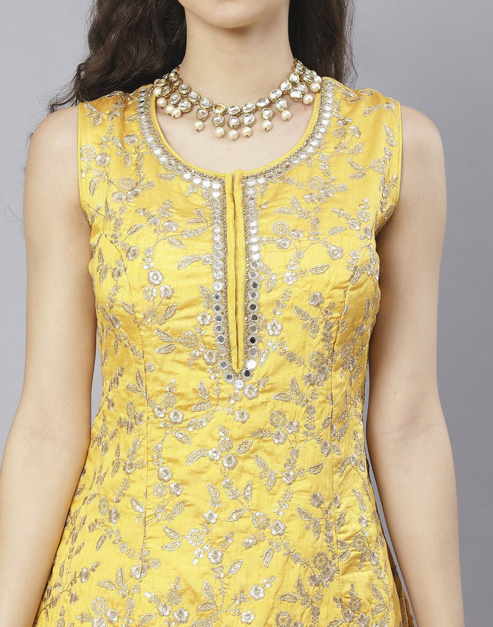 Mustard and Tomato Red Handloom Dupion Salwar Kameez