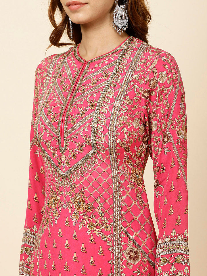 Floral Digital Print Crepe Kurta With Palazzo &amp; Dupatta
