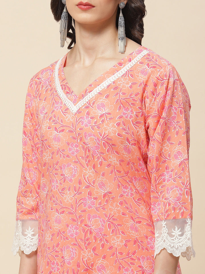 Floral Printed Cotton Kurta With Sharara