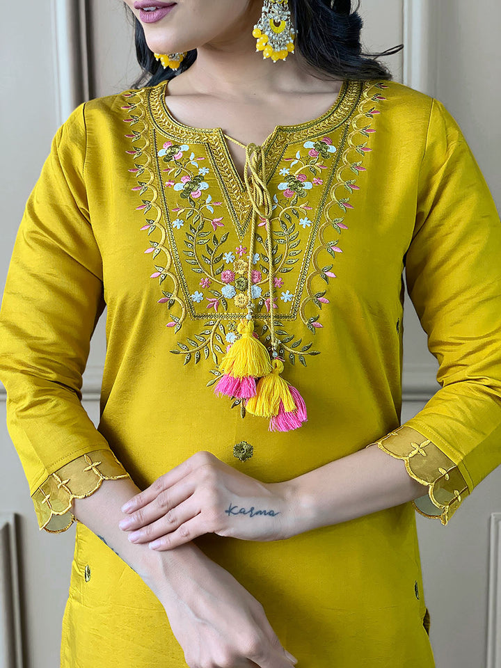 Resham Embroidery Cotton Blend Kurta With Pants &amp; Dupatta