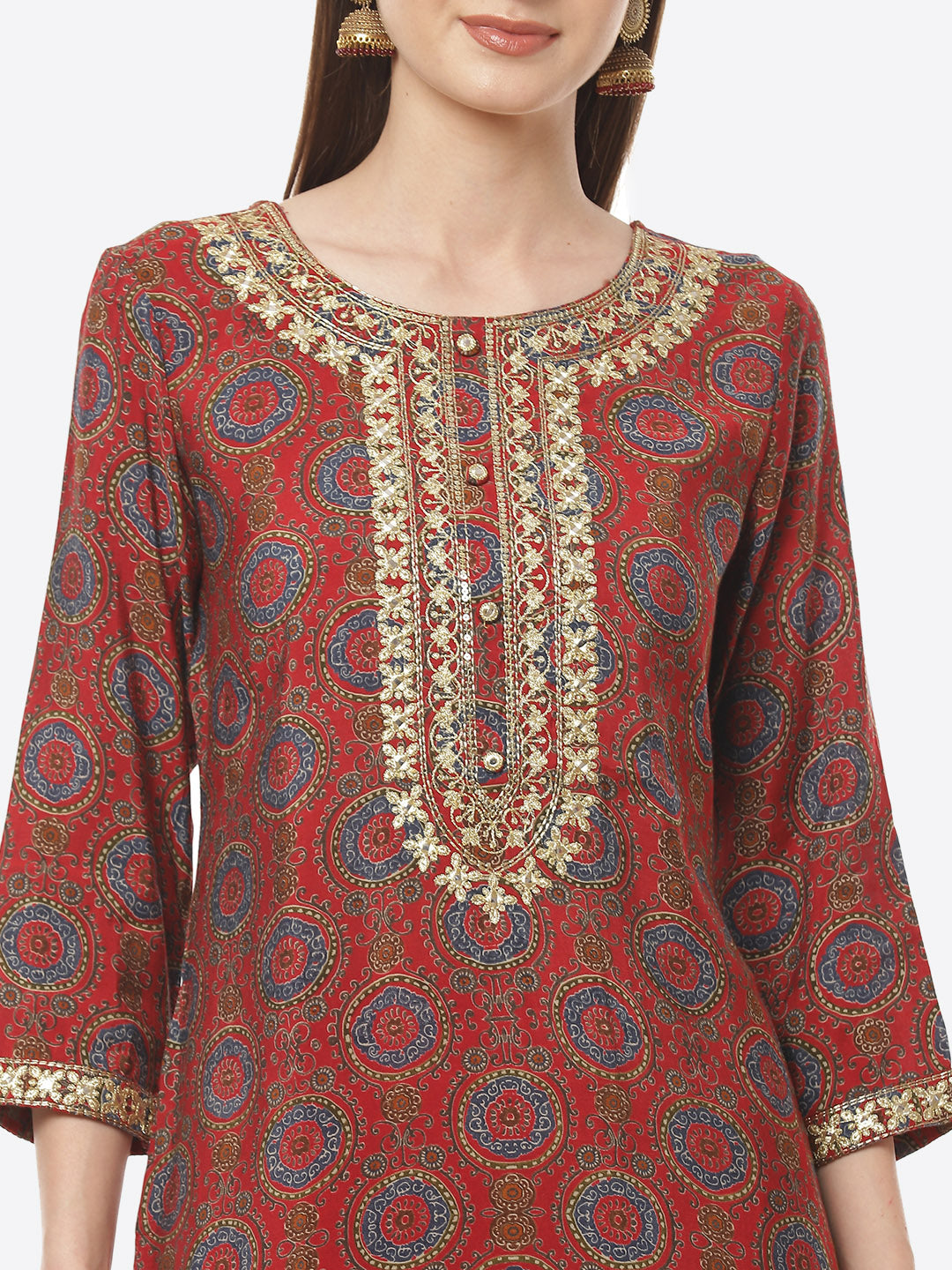 Printed Neck Embroidered Cotton Kurti