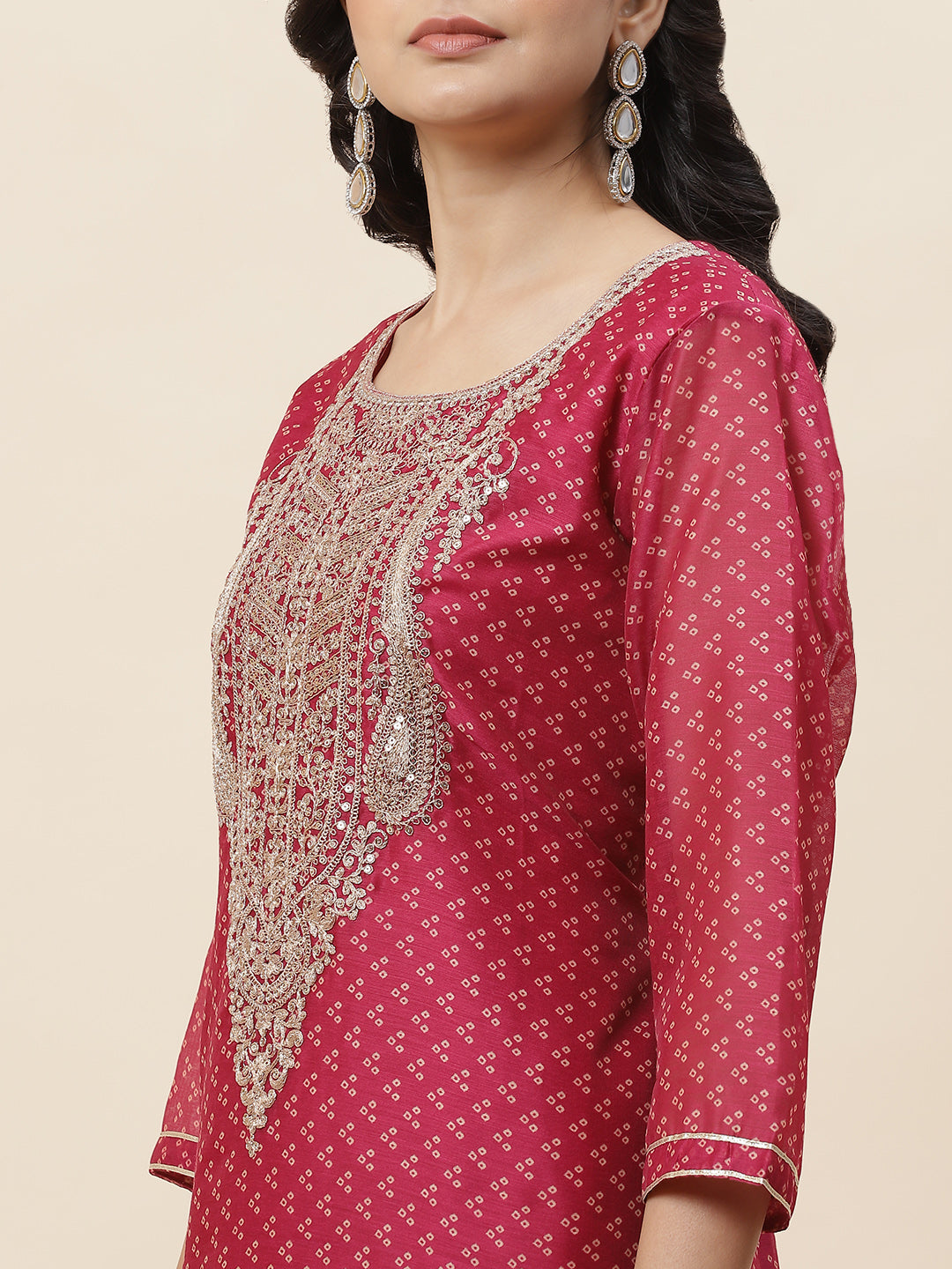 Bandhani Printed Chanderi Kurta With Pants &amp; Dupatta
