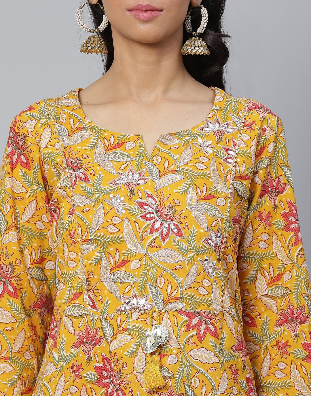 Floral Print Kurti With Gota Detail