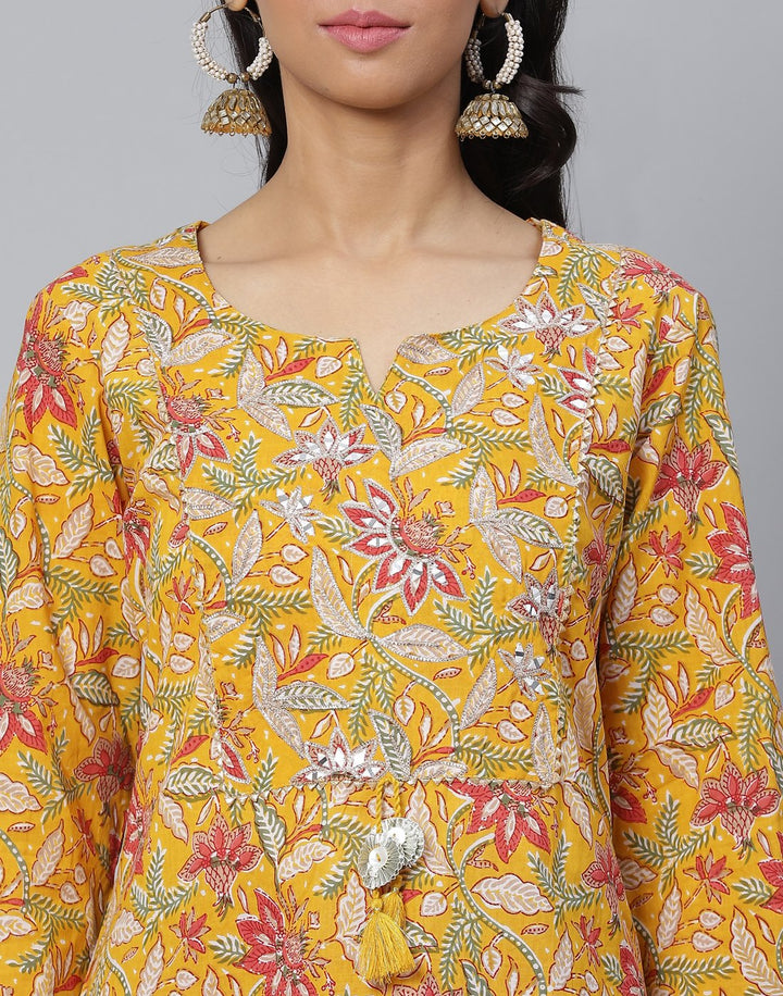 Floral Print Kurti With Gota Detail