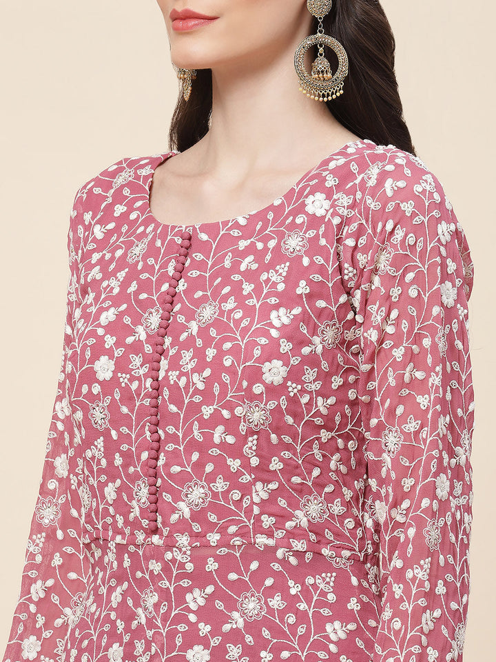 Embroidered Georgette Kurta With Palazzo &amp; Dupatta