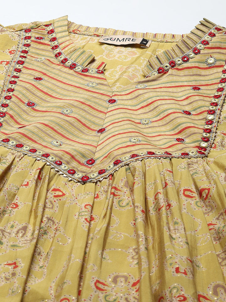 Yoke Embroidery Cotton Kurta With Pants