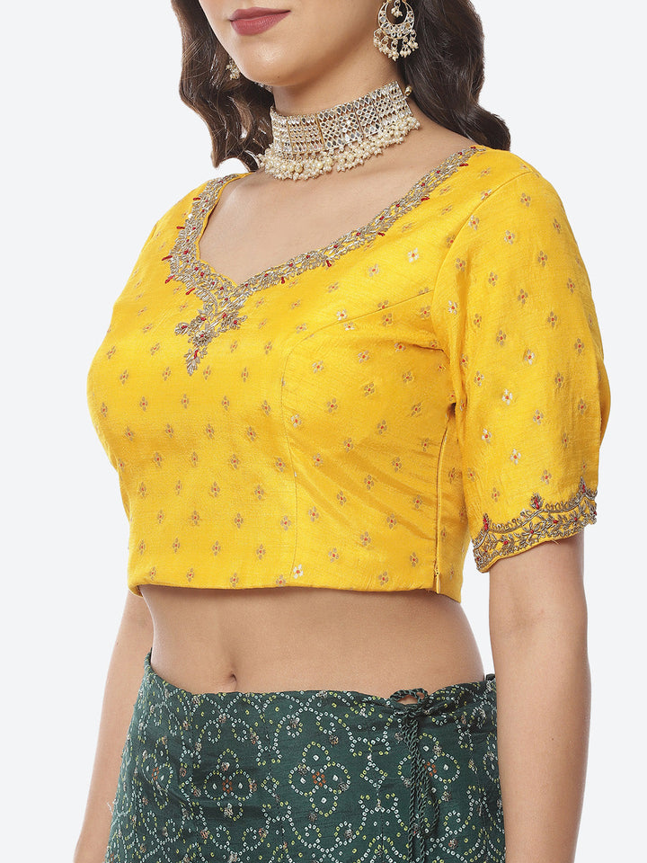Printed Zari Neck Dupion Lehenga With Choli and Bandhani Printed Dupatta