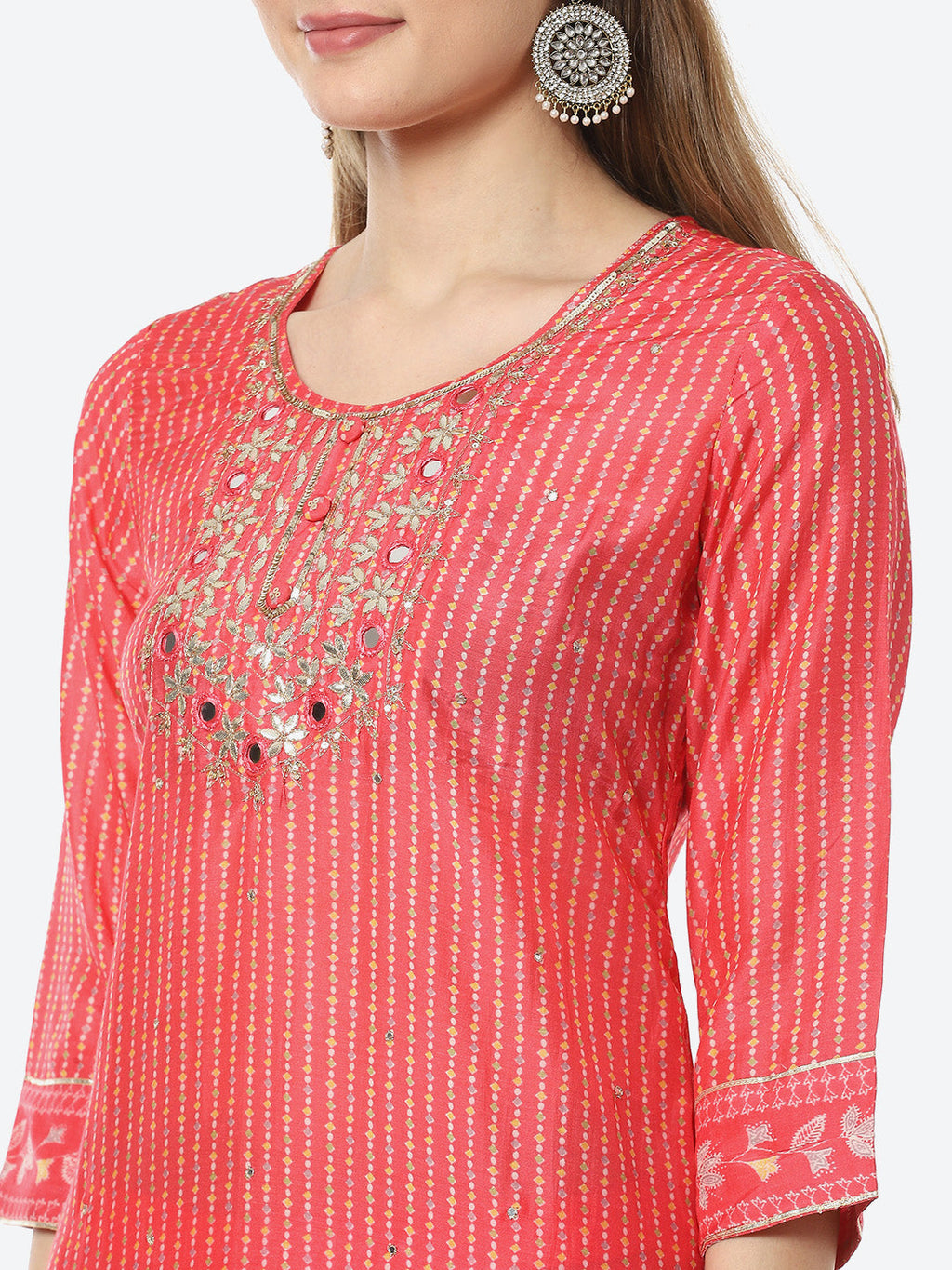 Mirror Work & Printed Muslin Kurta With Pant & Chiffon Dupatta