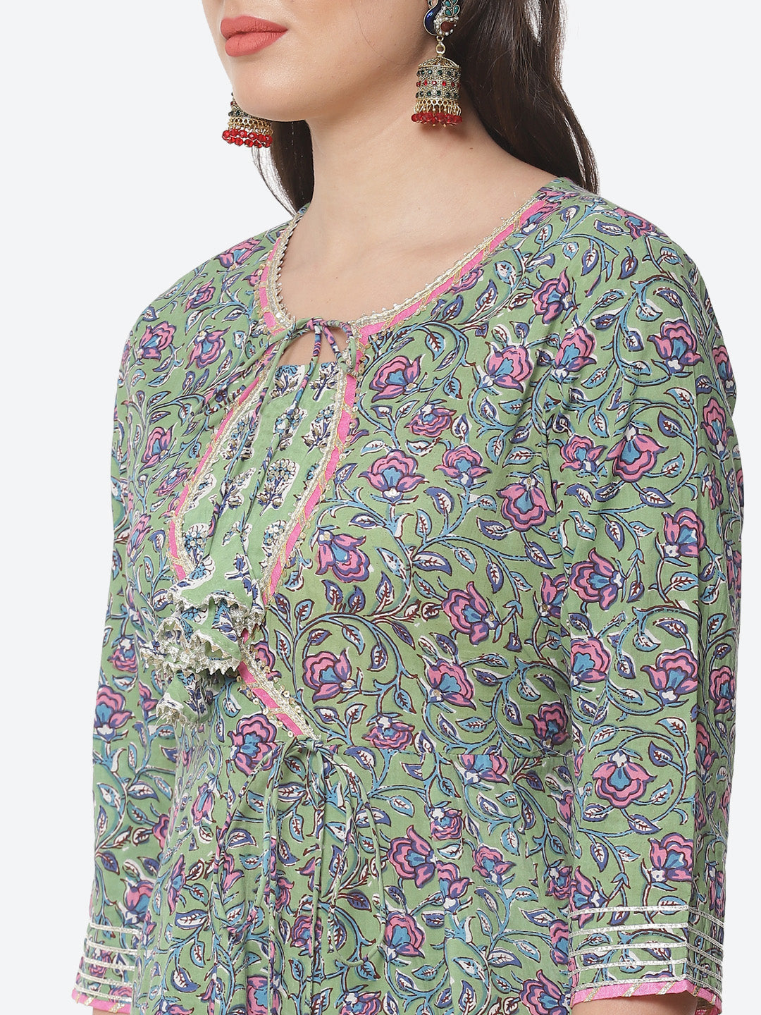 Block Printed Cotton Anarkali Kurti With Palazzo And Printed Dupatta