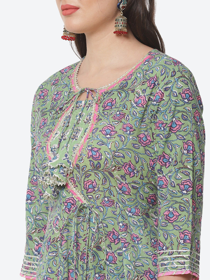 Block Printed Cotton Anarkali Kurti With Palazzo And Printed Dupatta