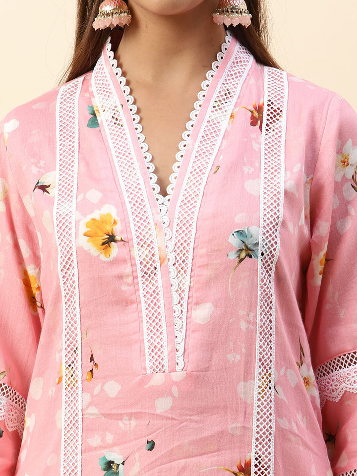 Floral Printed Cotton Kurta With Pants