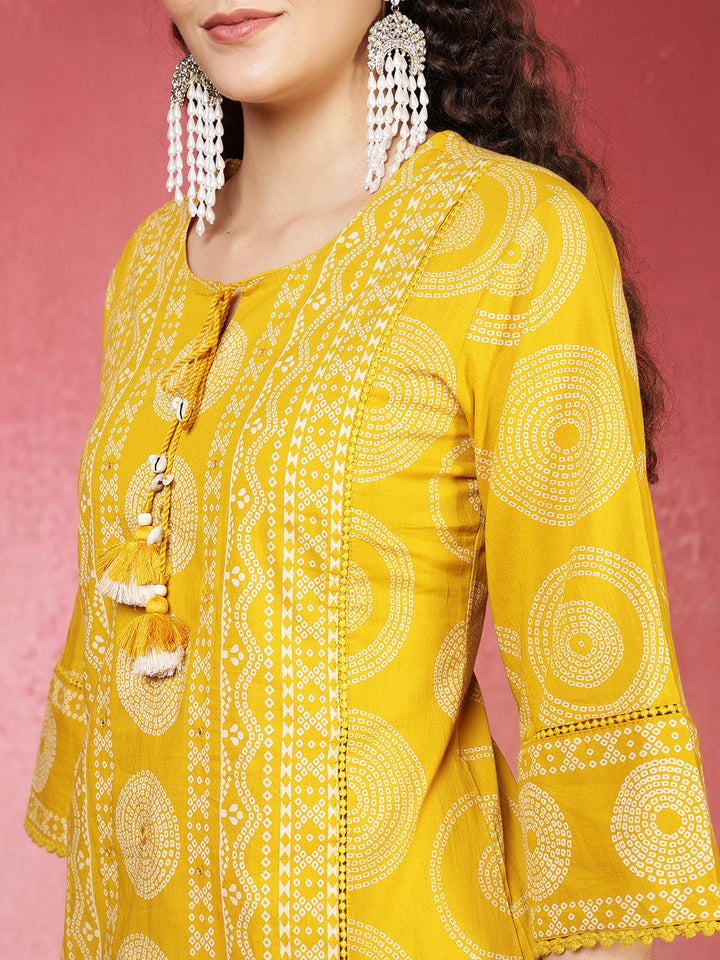 Mustard Cotton Blend Printed Straight Suit Set