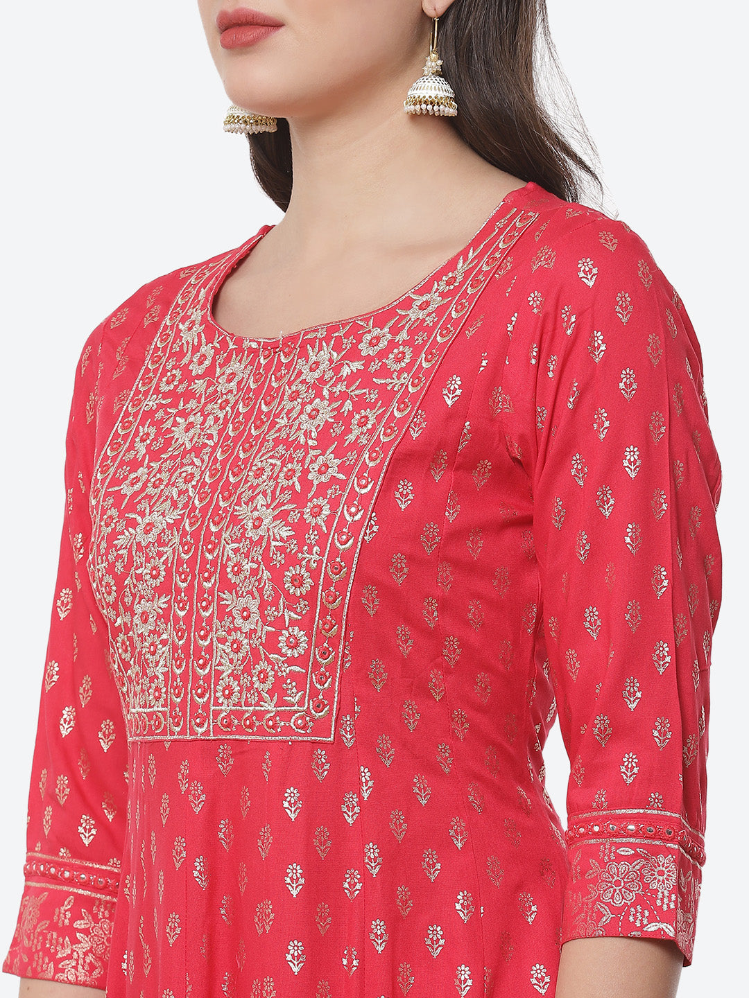 Printed Zari Neck Cotton Stitched Anarkali Salwar Kameez With Chiffon Dupatta